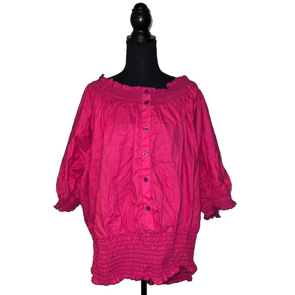 Vintage Erica Brooke Off Shoulder Puff Sleeve Smocked Top 4X Boho Peasant Blouse